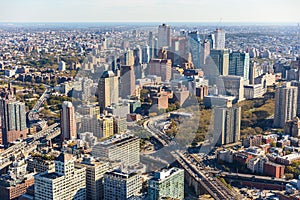 Panoramic view to Manhattan Skyline from helicopter