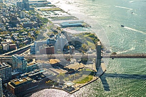 Panoramic view to Manhattan Skyline from helicopter