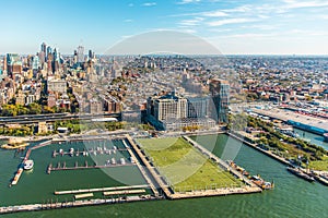 Panoramic view to Manhattan Skyline from helicopter