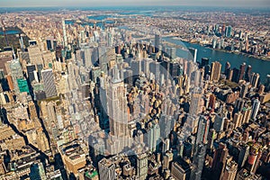 Panoramic view to Manhattan Skyline from helicopter