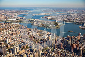 Panoramic view to Manhattan Skyline from helicopter