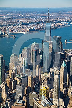 Panoramic view to Manhattan Skyline from helicopter