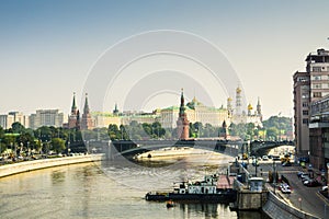 Panoramic view to Moscow Kremlin from bridge over Moscow river.