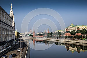 Panoramic view to Moscow Kremlin from bridge over Moscow river.