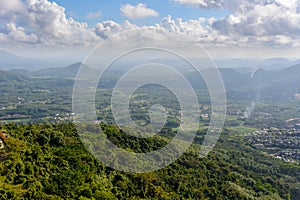 Panoramic view to mountains, tropical forest, Yanoda Park and Sanya city. Rainforest cultural tourism zone Yanoda, Hainan, China