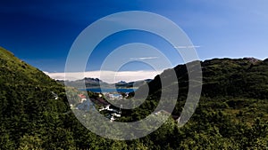 Panoramic view to Napp village and Skjellsteinvika bay at Flakstadoya Island, Lofoten, Norway