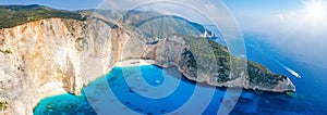 Panoramic view to the Navagio shipwreck beach on the Ionian island of Zakynthos, Greece