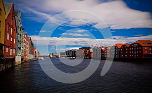 Panoramic view to Nidelva river and stilt houses, Trondheim, Norway