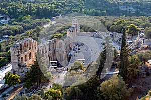 Panoramic view to the Odeon of Herodes Atticus Herodion greek ancient theater as seen from the archaeological site of Acropolis