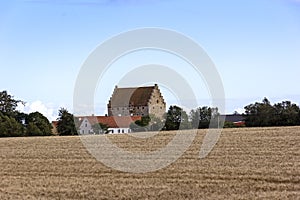 Panoramic view to the old medieval castle Glimmingehus in the south of Sweden