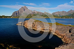 Panoramic view to Orsvagvaer village and Sandvika fjord at Austvagoy Island, Lofoten, Norway