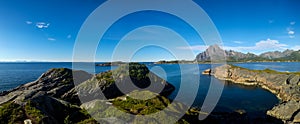 Panoramic view to Orsvagvaer village and Sandvika fjord at Austvagoy Island, Lofoten, Norway