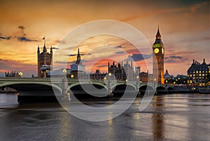 Panoramic view to the Parliament of London at Westminster, United Kingdom