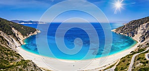 Panoramic view to the popular beach of Myrtos, Kefalonia island, Greece