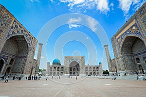 Panoramic View to the Registan square and its three madrasahs: Ulugh Beg Madrasah, Tilya-Kori Madrasah and Sher-Dor Madrasah