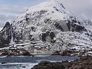 Panoramic view to reinefjorden with mountains on background