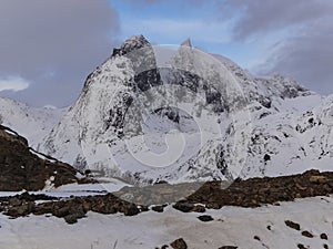 Panoramic view to reinefjorden with mountains on background