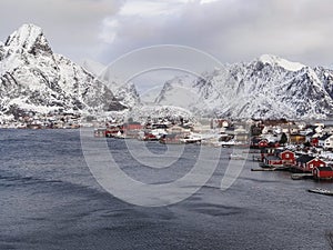 Panoramic view to reinefjorden with mountains on background