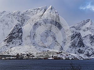 Panoramic view to reinefjorden with mountains on background