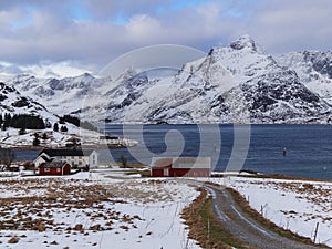 Panoramic view to reinefjorden with mountains on background