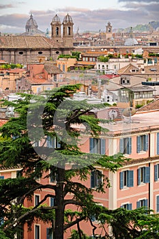 Panoramic view to Rome rooftops with catholic basilics and monuments, Italy