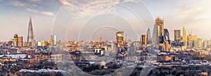 Panoramic view to the skyline of London, UK, during a golden sunrise