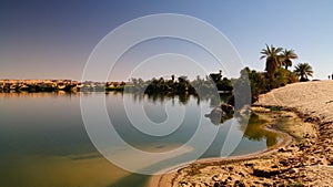 Panoramic view to Teli lake group of Ounianga Serir lakes at the Ennedi, Chad photo