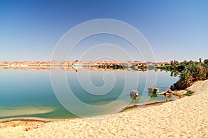 Panoramic view to Teli lake group of Ounianga Serir lakes at the Ennedi, Chad