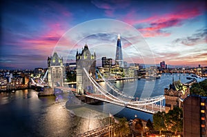 Panoramic view to the Tower Bridge and skyline of London, UK