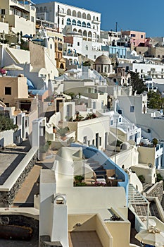 Panoramic view to town of Fira, Santorini island, Thira, Greece