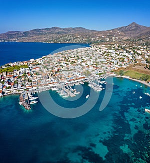 Panoramic view to the village of Perdika on the island of Aegina, Saronic Gulf, Greece