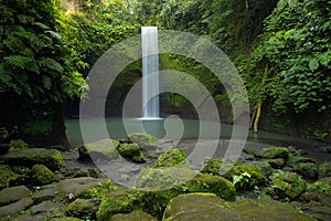 Panoramic view to waterfall in rainforest. Tropical landscape. Adventure and travel concept. Nature background. Slow shutter speed