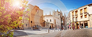 Panoramic view in Toledo, Spain with antique buildings of Sofer Square, School of Art and Monastery of San Juan de los