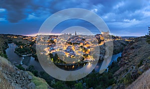 Panoramic view of Toledo after sunset, Spain