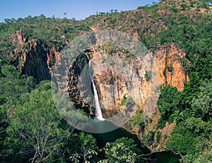 Panoramic view of Tolmer Falls. Dry season. Vintage coloured. Aerial picture from above. Isolated location at Litchfield national