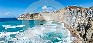 Panoramic view from the top of Chiaia di Luna beach in the Ponza island, Lazio, Italy. The beach is closed to tourists photo