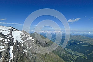 Panoramic view from top of Hohe Sonnblick in Austrian Alps on Grossglockner. The whole area is partially covered with snow