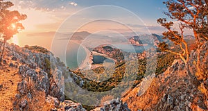 Panoramic view from the top of the mountain to the blue bay and lagoon near the town of Dalyan in Turkey. Famous