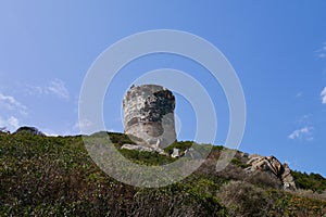Panoramic view of Torra di a Parata, Genoese tower on Iles Sanguinaires, archipel close to Ajaccio, Corsica, France. photo