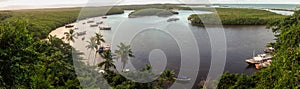 panoramic view of tourists boats on sea channel in Santa Cruz Cabralia, Bahia State, Brazil