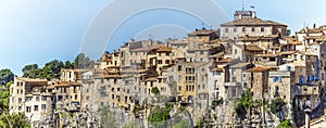 Panoramic view of Tourrettes-sur-Loup medieval village from Cassan Valley. Southeastern France, Alpes Maritimes