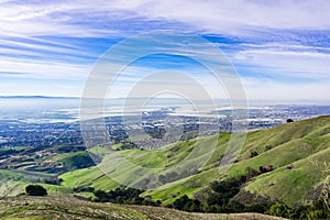 Panoramic view towards south San Francisco bay from Ed Levin county park, Milpitas & San Jose, California