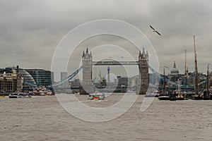 Panoramic view of the Tower Bridge in London viewed from the Thames river