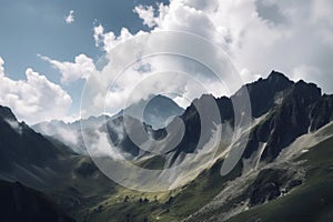 panoramic view of towering mountain range with clouds scudding across the sky