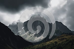 panoramic view of towering mountain range with clouds scudding across the sky photo