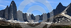 A panoramic view of the towers of granite at the top of the French Valley in Torres del Paine National Park, Patagonia