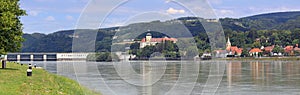 Panoramic view of the town of Persenbeug with the medieval Persenbeug castle. Danube river, Lower Austria.