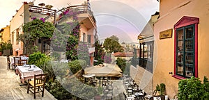 Panoramic view of a traditional Taverna located in the Plaka area, Athens, Greece.