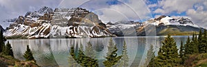 Panoramic view of tranquil bow lake and mountains in Jasper national park, Canada