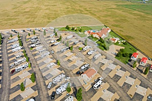 Panoramic view of travel recreation vehicles in the RV camping park with the resort